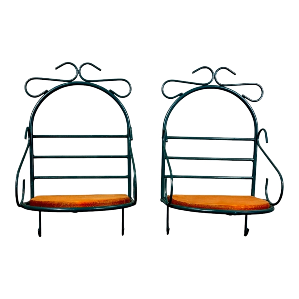 Pair of Metal Wall Hanging Shelves Green Metal Wood Base Hooks On Bottom 12x7x6